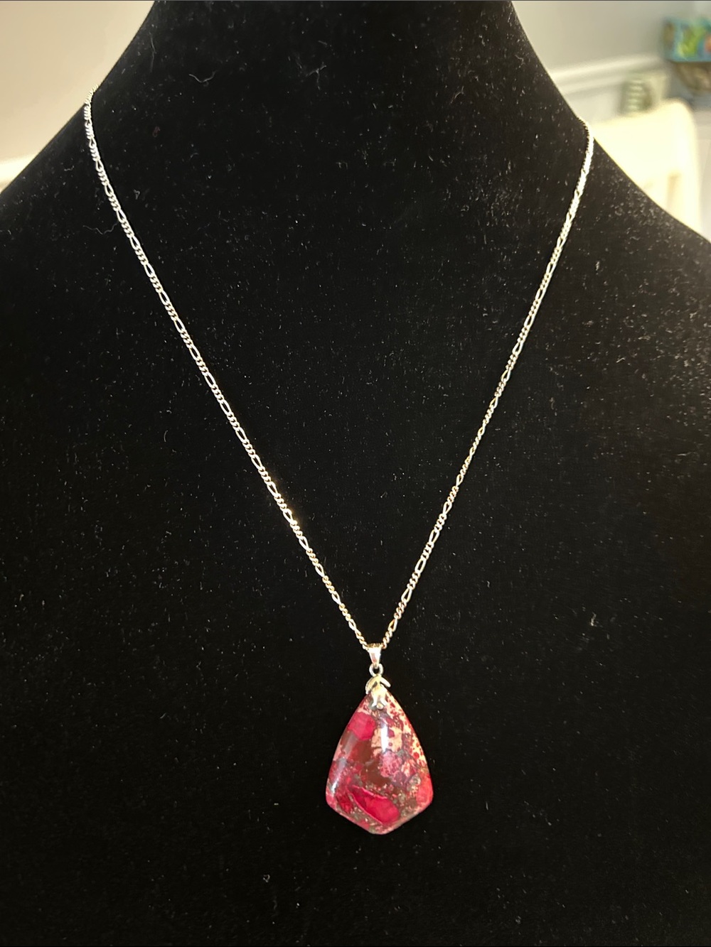 Sterling Silver Necklace with Dark Pink Pendant